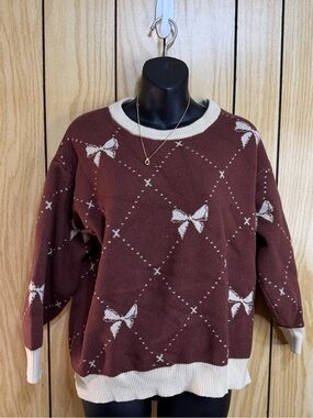 She + Sky Brown Sweater with Cream Bow Trim